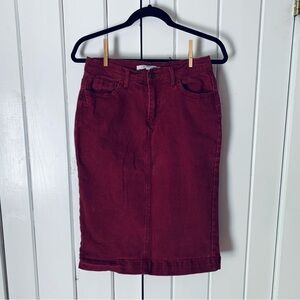 Burgundy Denim Midi Skirt Fall Skirt